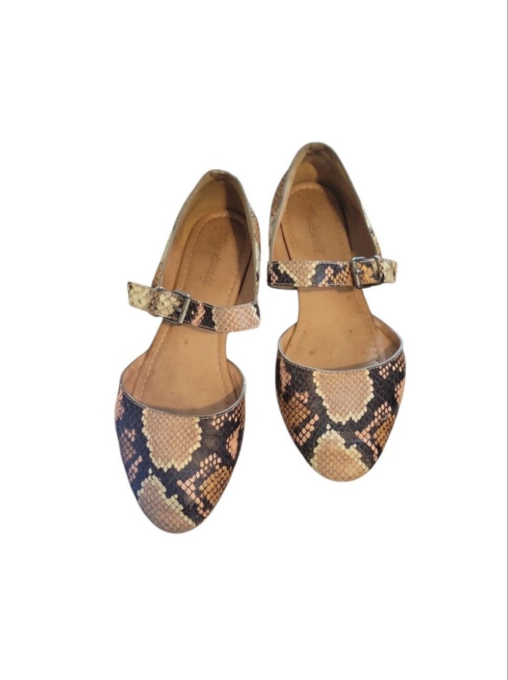 Madewell Alina Leather D'Orsay Snake-Print Mary Jane Flats in Tan and Black